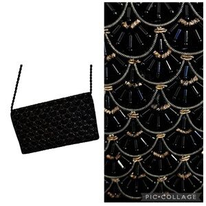 Vintage Black Velvet Gold Embroidery Beaded Shoulder Clutch Scallop Design 8x5